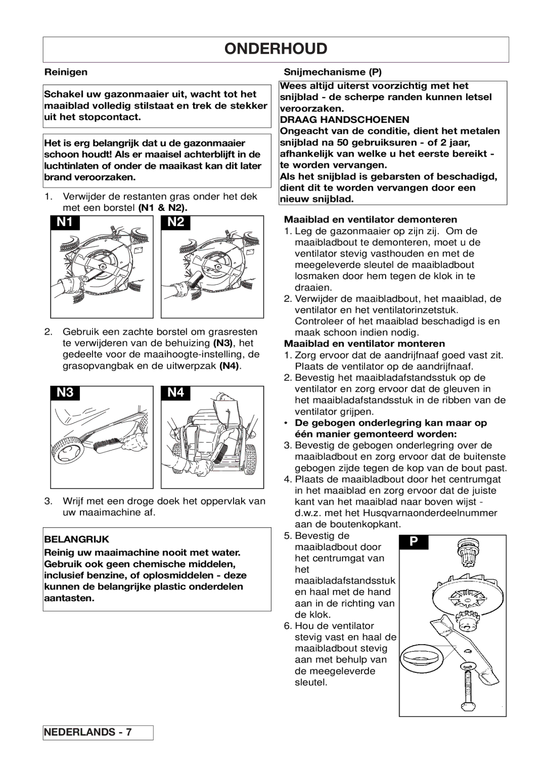 Husqvarna 43EL/43ELS manual Onderhoud, Maaiblad en ventilator monteren 