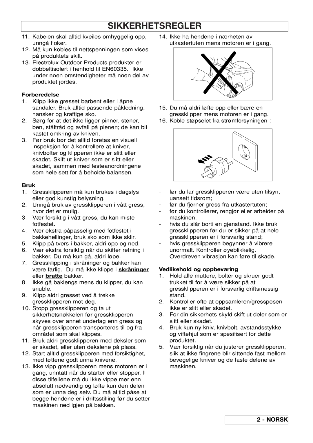 Husqvarna 43EL/43ELS manual Forberedelse, Bruk, Vedlikehold og oppbevaring 