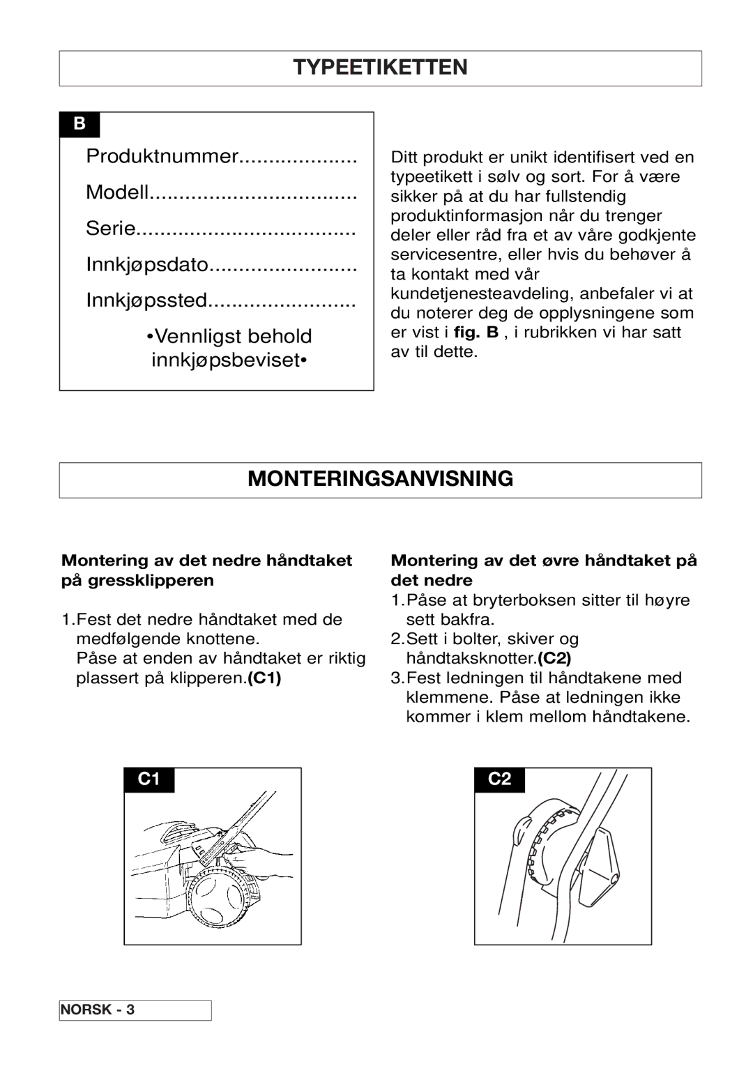 Husqvarna 43EL/43ELS manual Typeetiketten, Monteringsanvisning, Montering av det nedre håndtaket på gressklipperen 