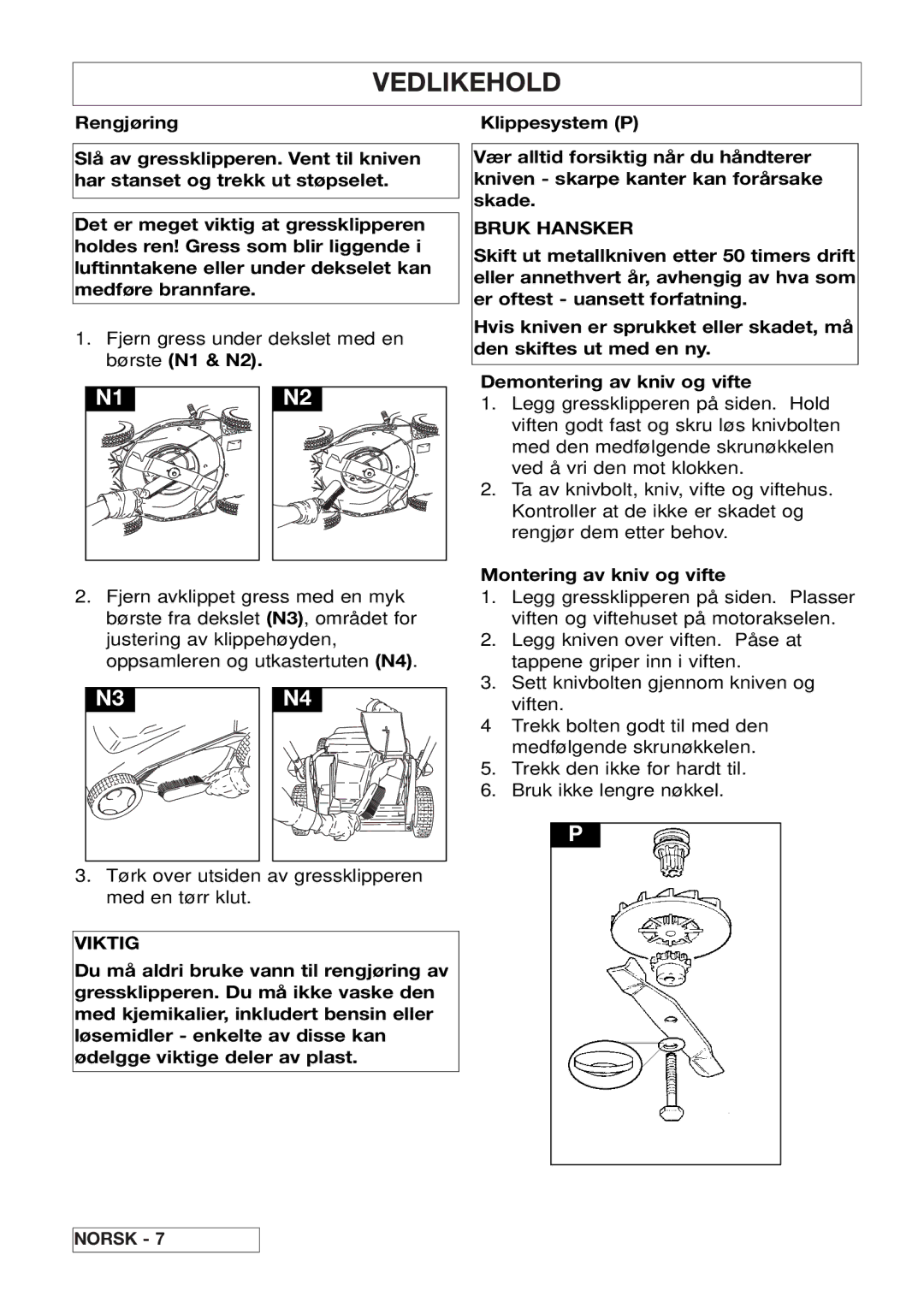 Husqvarna 43EL/43ELS manual Vedlikehold, Bruk Hansker, Montering av kniv og vifte 