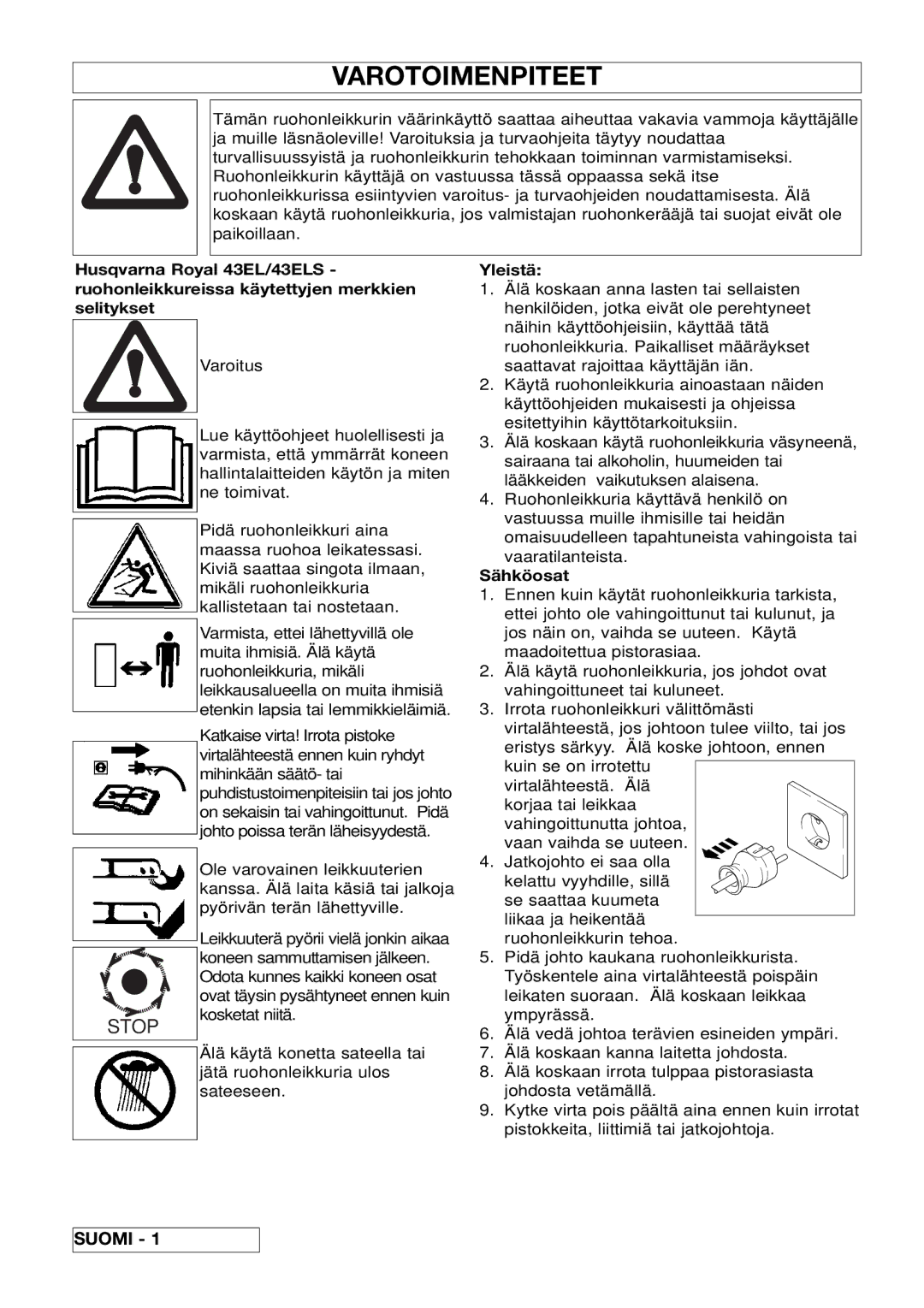 Husqvarna 43EL/43ELS manual Varotoimenpiteet, Suomi, Sähköosat 