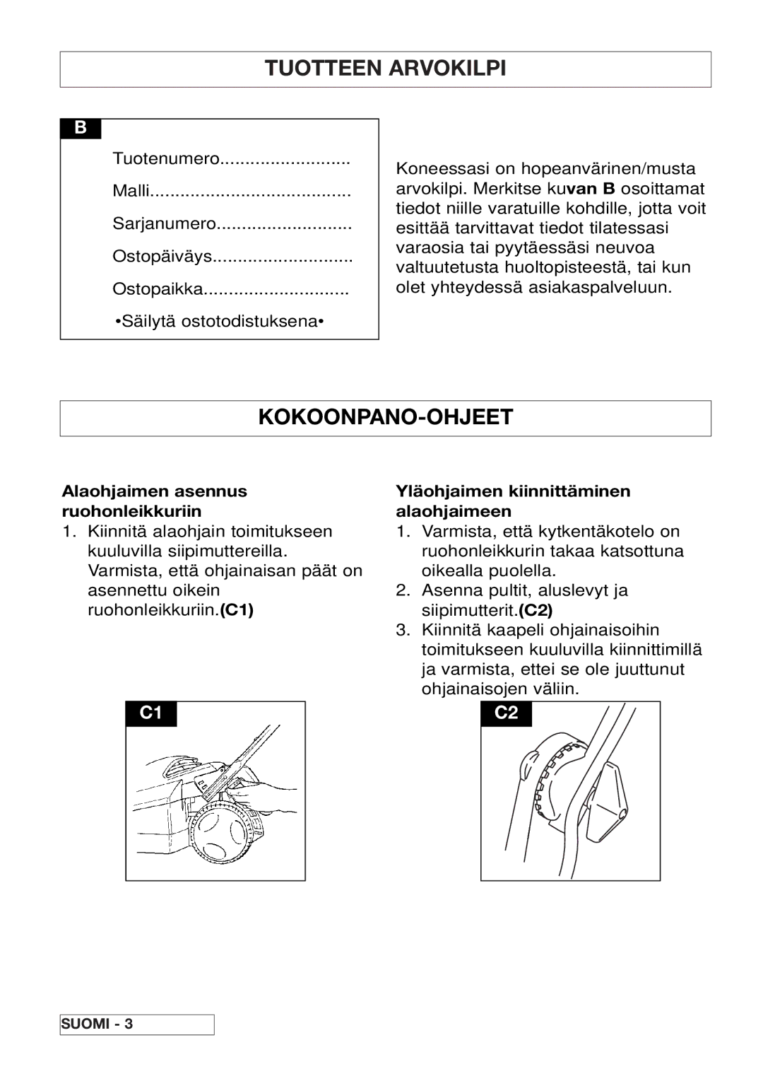 Husqvarna 43EL/43ELS manual Tuotteen Arvokilpi, Kokoonpano-Ohjeet, Alaohjaimen asennus ruohonleikkuriin 