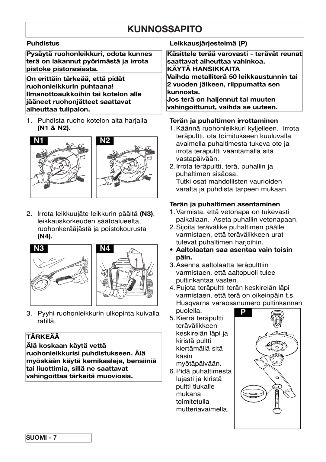 Husqvarna 43EL/43ELS manual Kunnossapito, Käytä Hansikkaita, Terän ja puhaltimen asentaminen 