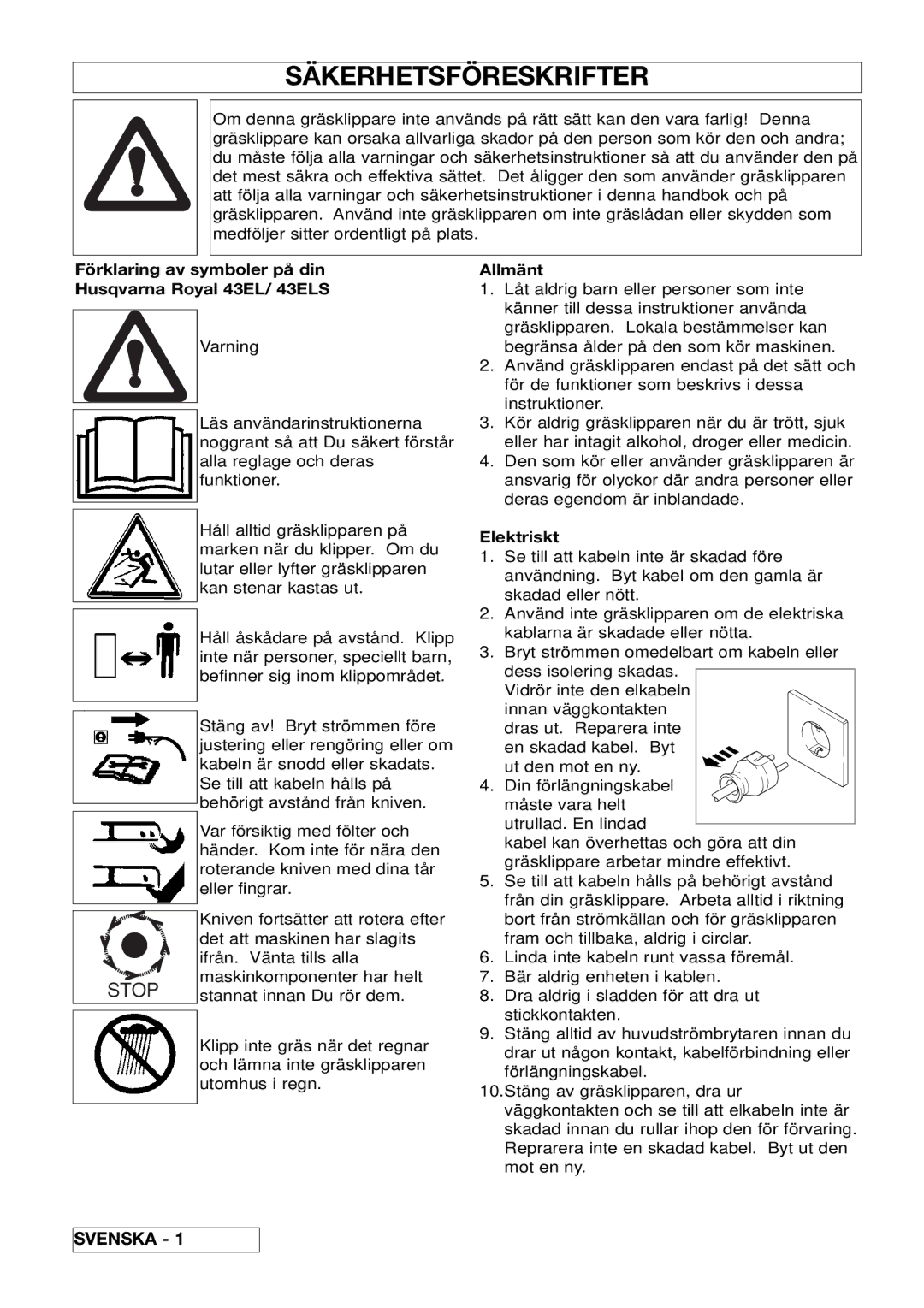 Husqvarna 43EL/43ELS Säkerhetsföreskrifter, Svenska, Förklaring av symboler på din Husqvarna Royal 43EL/ 43ELS, Allmänt 