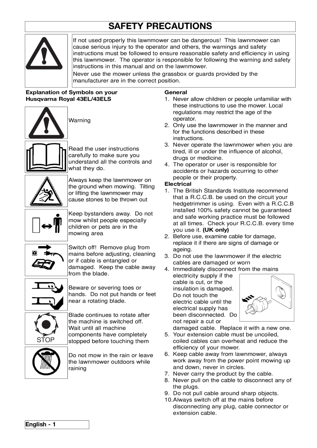 Husqvarna Safety Precautions, English, Explanation of Symbols on your Husqvarna Royal 43EL/43ELS, General, Electrical 