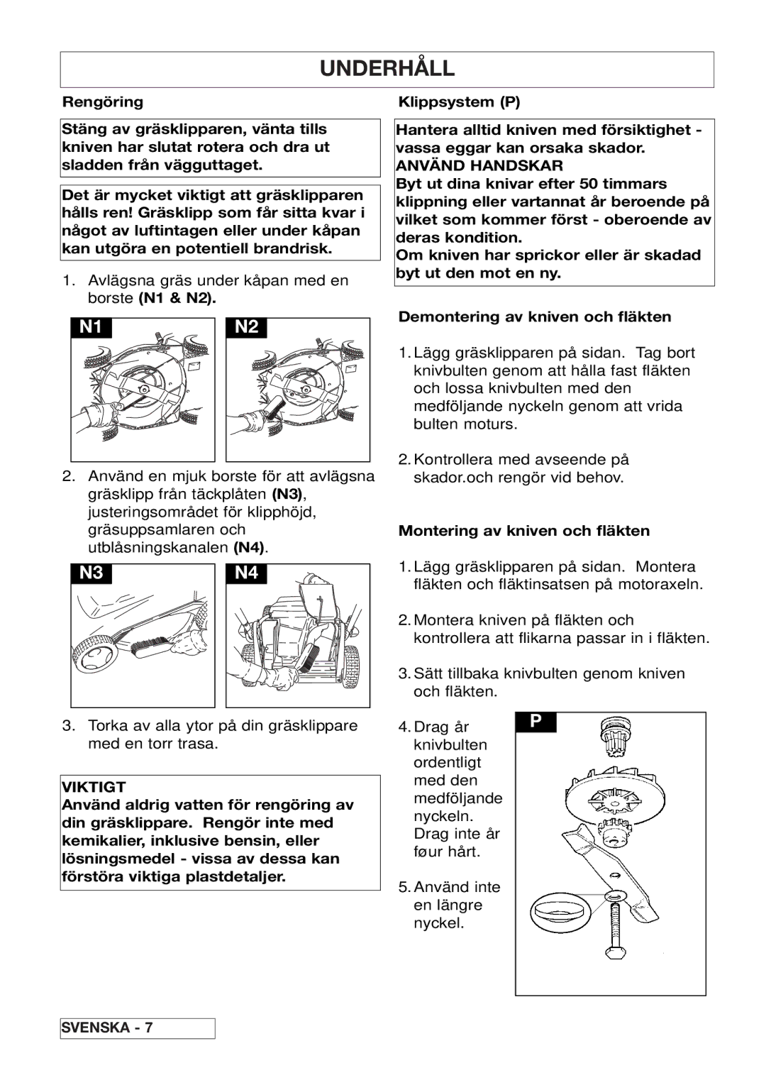 Husqvarna 43EL/43ELS manual Underhåll, Använd Handskar, Montering av kniven och fläkten 