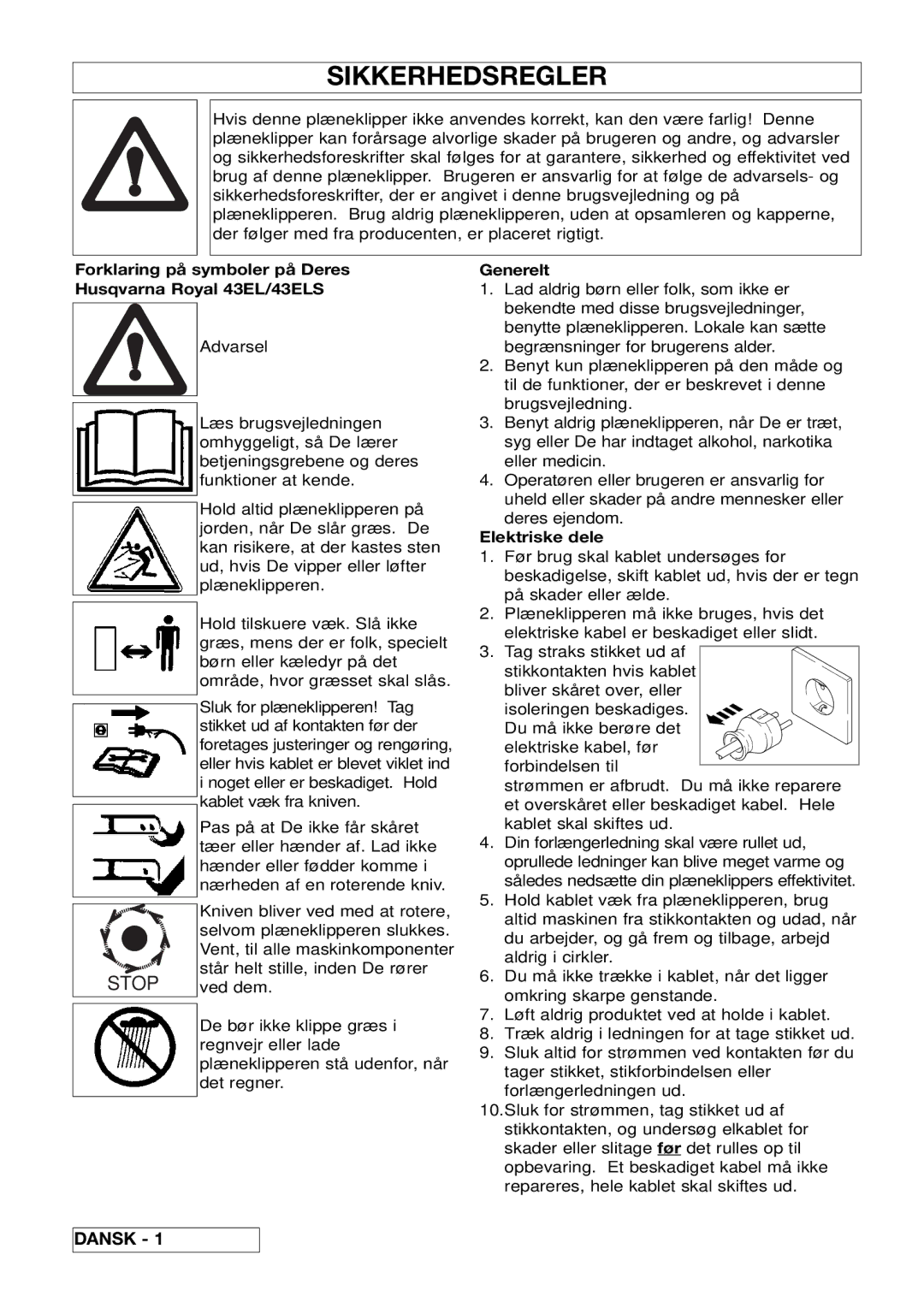 Husqvarna manual Sikkerhedsregler, Dansk, Forklaring på symboler på Deres Husqvarna Royal 43EL/43ELS, Elektriske dele 