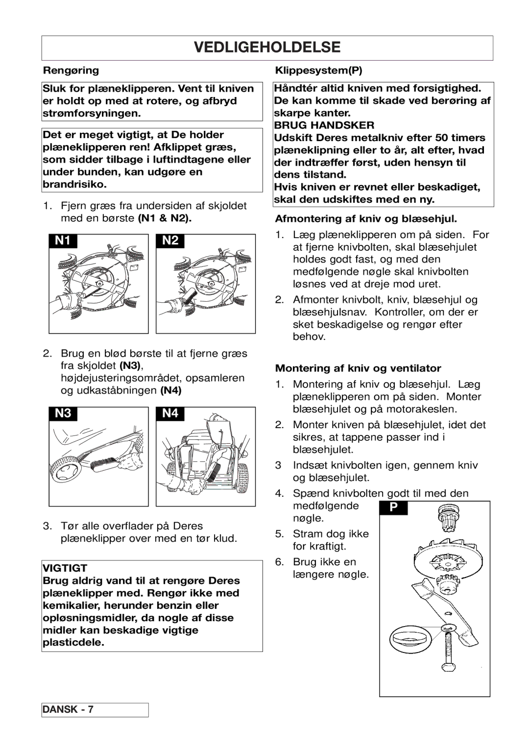 Husqvarna 43EL/43ELS manual Vedligeholdelse, Brug Handsker, Montering af kniv og ventilator 