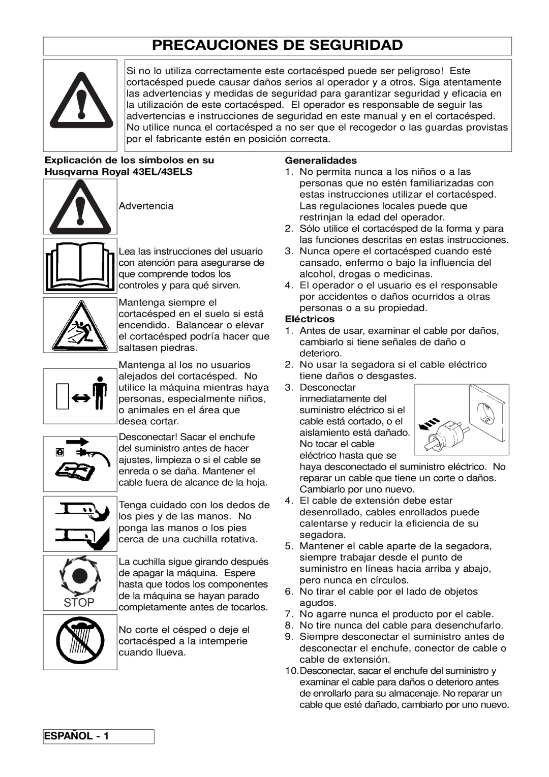 Husqvarna 43EL/43ELS manual Español, Generalidades, Eléctricos 