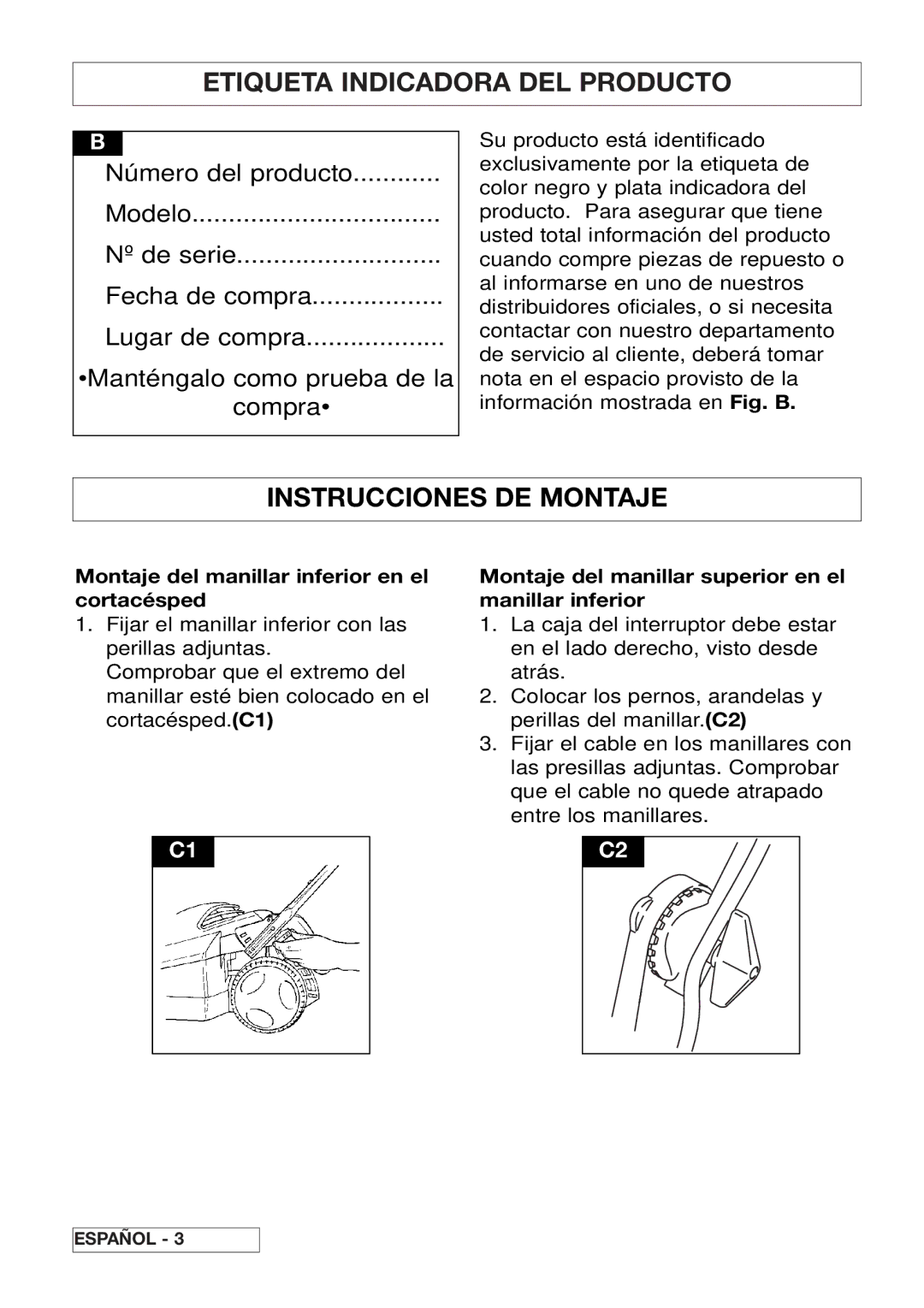 Husqvarna 43EL/43ELS manual Etiqueta Indicadora DEL Producto, Instrucciones DE Montaje 