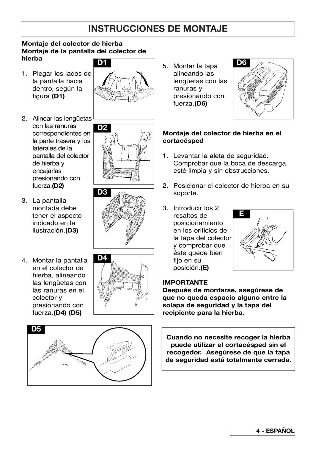 Husqvarna 43EL/43ELS manual Fuerza.D4 D5, Montaje del colector de hierba en el cortacésped, Importante 