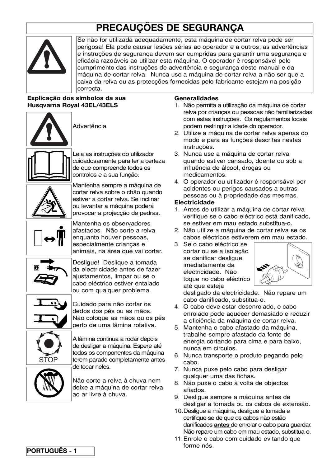 Husqvarna Precauções DE Segurança, Português, Explicação dos símbolos da sua Husqvarna Royal 43EL/43ELS, Electricidade 