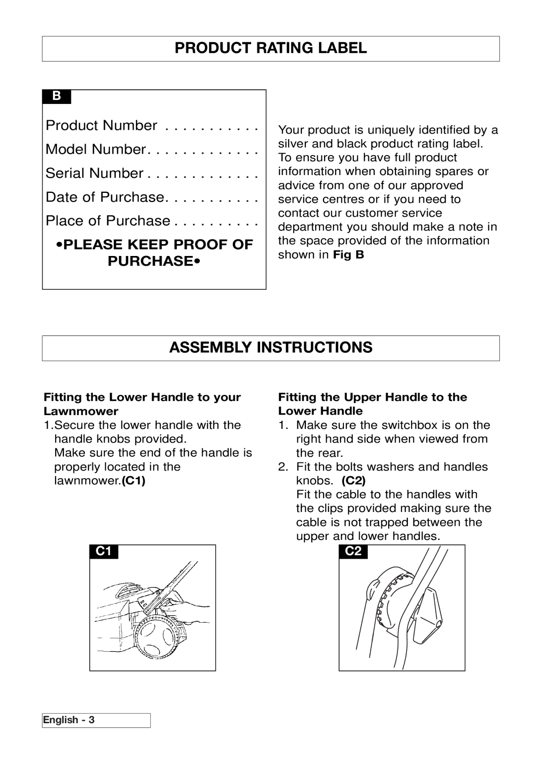 Husqvarna 43EL/43ELS manual Product Rating Label, Assembly Instructions, Fitting the Lower Handle to your Lawnmower 