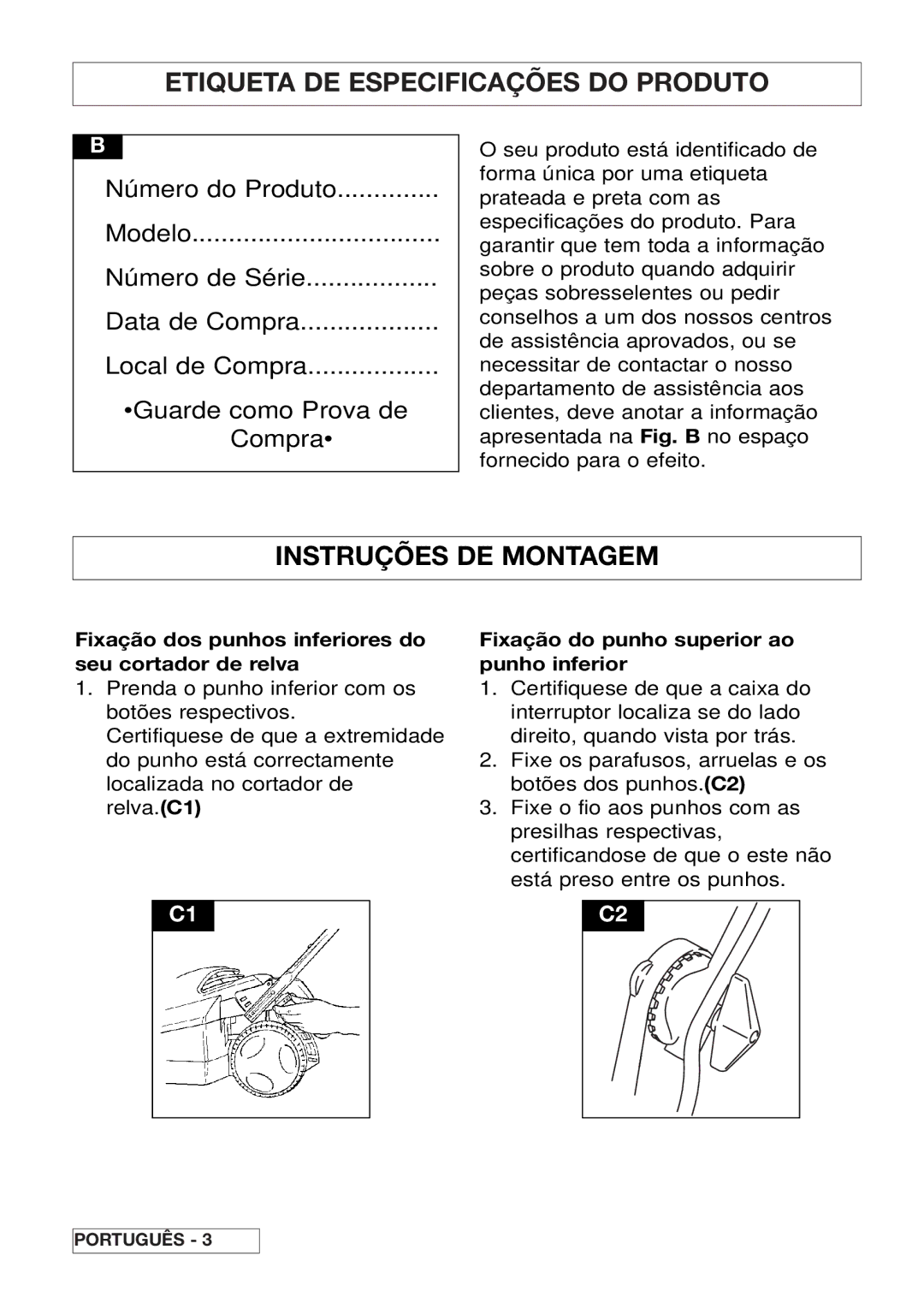 Husqvarna 43EL/43ELS manual Etiqueta DE Especificações do Produto, Instruções DE Montagem 