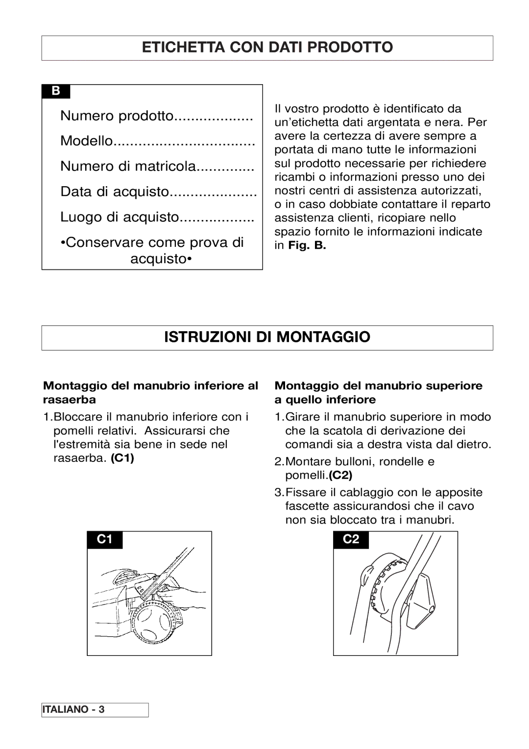 Husqvarna 43EL/43ELS Etichetta CON Dati Prodotto, Istruzioni DI Montaggio, Montaggio del manubrio inferiore al rasaerba 