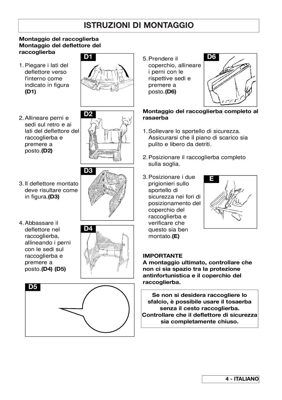 Husqvarna 43EL/43ELS manual Posto.D4 D5, Montaggio del raccoglierba completo al rasaerba 