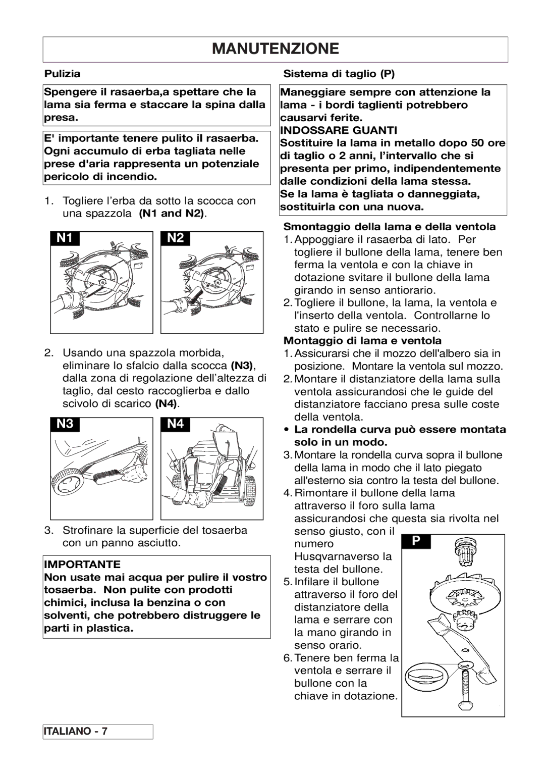 Husqvarna 43EL/43ELS manual Manutenzione, Indossare Guanti, Montaggio di lama e ventola 