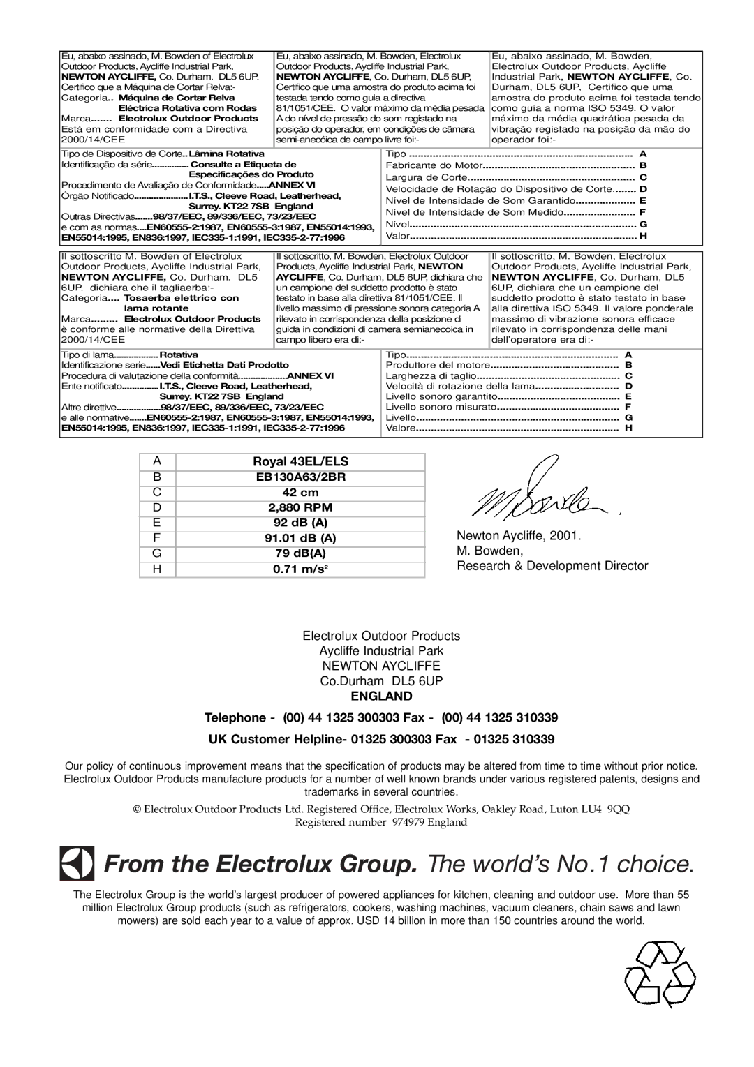 Husqvarna 43EL/43ELS manual From the Electrolux Group. The world’s No.1 choice 