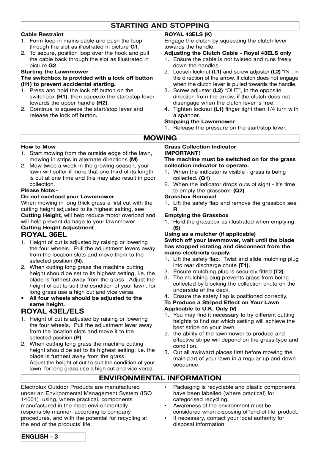 Husqvarna manual Starting and Stopping, Mowing, Environmental Information, Royal 43ELS K 