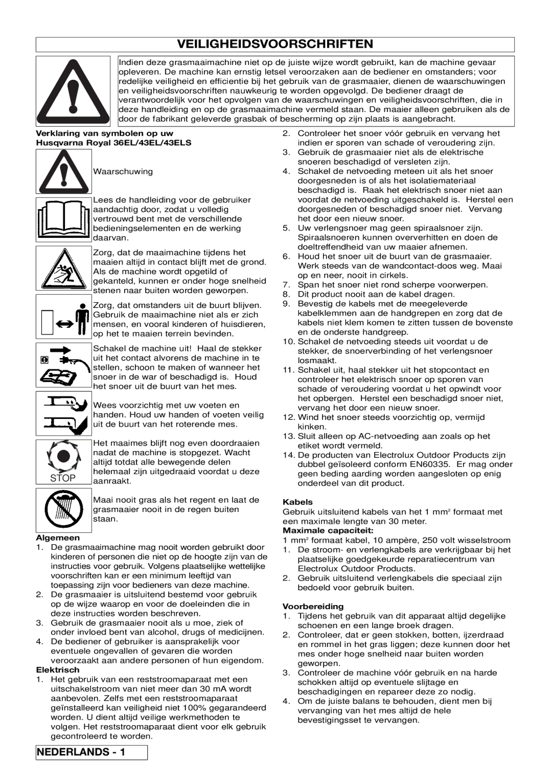 Husqvarna 43ELS manual Veiligheidsvoorschriften 