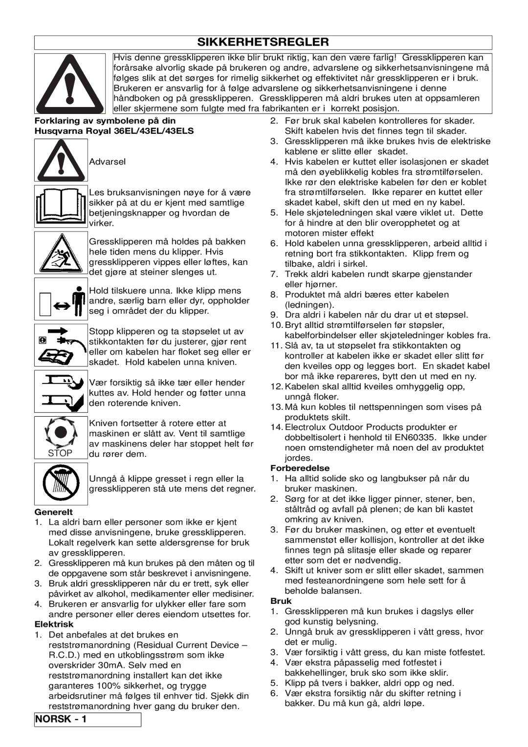 Husqvarna 43ELS manual Sikkerhetsregler, Generelt, Elektrisk, Forberedelse, Bruk 