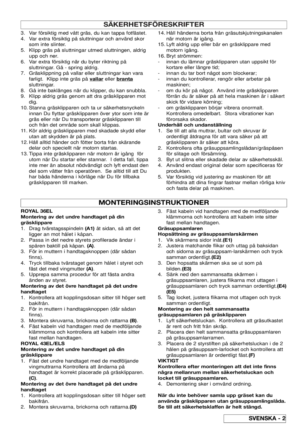 Husqvarna manual Monteringsinstruktioner, Royal 36EL, Royal 43EL/ELS, Montera skruvarna, brickorna och rattarna, Viktigt 