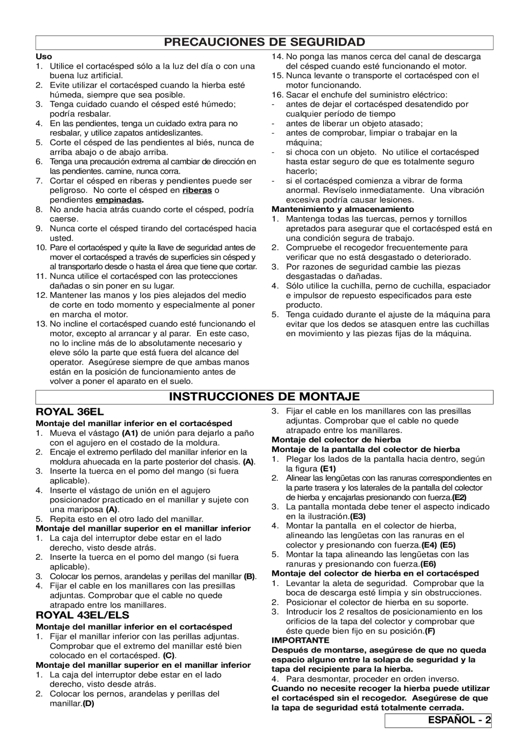 Husqvarna 43ELS manual Instrucciones DE Montaje, Importante 