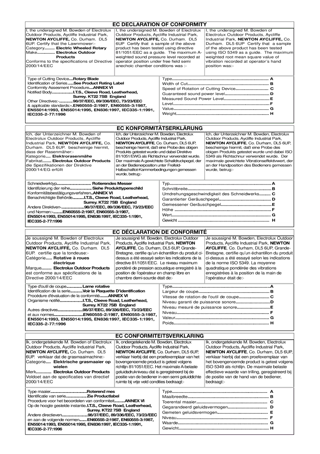 Husqvarna 43ELS manual EC Declaration of Conformity, EC Konformitätserklärung, EC Déclaration DE Conformité 