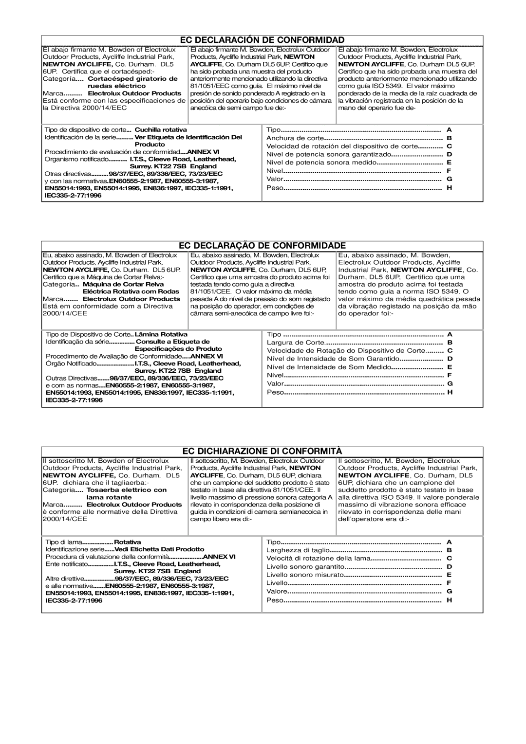 Husqvarna 43ELS manual EC Declaración DE Conformidad, EC Declaração DE Conformidade, EC Dichiarazione DI Conformità 