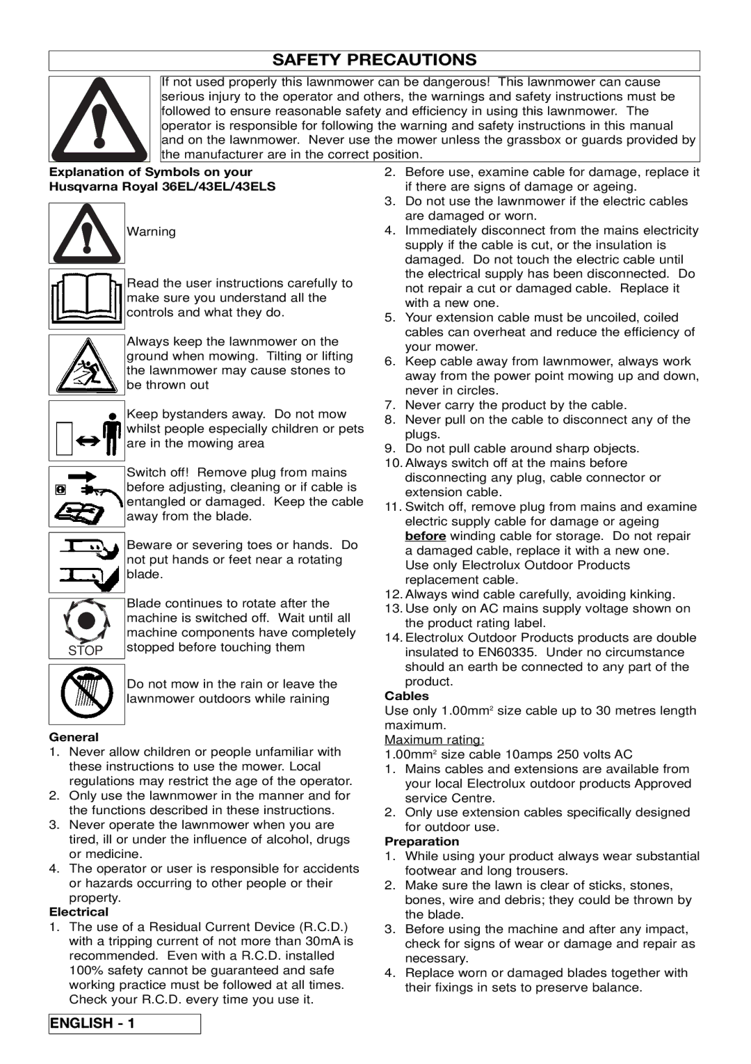 Husqvarna 43ELS manual Safety Precautions, General, Electrical, Cables, Preparation 