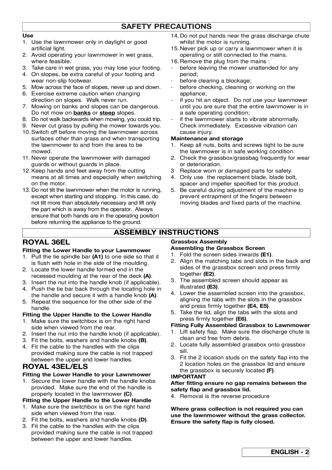 Husqvarna 43ELS manual Assembly Instructions Royal 36EL, Royal 43EL/ELS, Fit the bolts, washers and handle knobs 