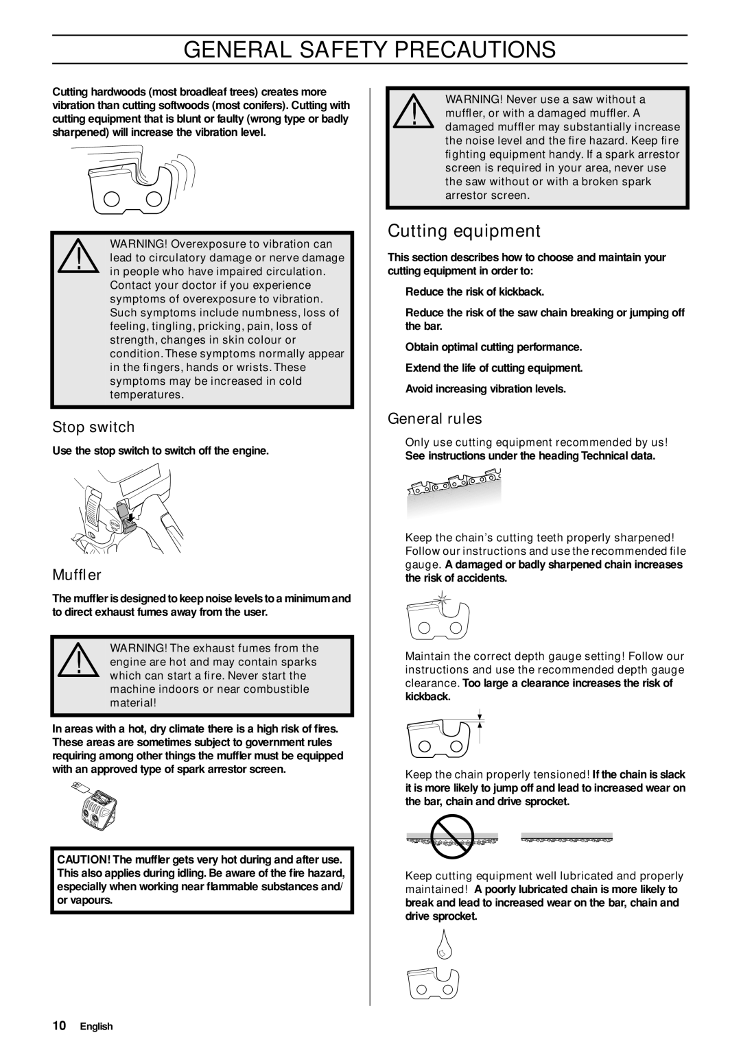 Husqvarna 445 EPA II, 445e EPA II, 450e EPA II manual Cutting equipment, Stop switch, Mufﬂer, General rules 