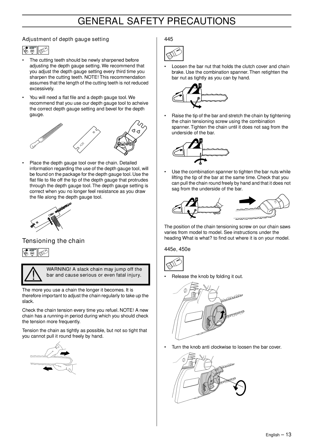 Husqvarna 445 EPA II, 445e EPA II, 450e EPA II manual Tensioning the chain, Adjustment of depth gauge setting, 445e, 450e 