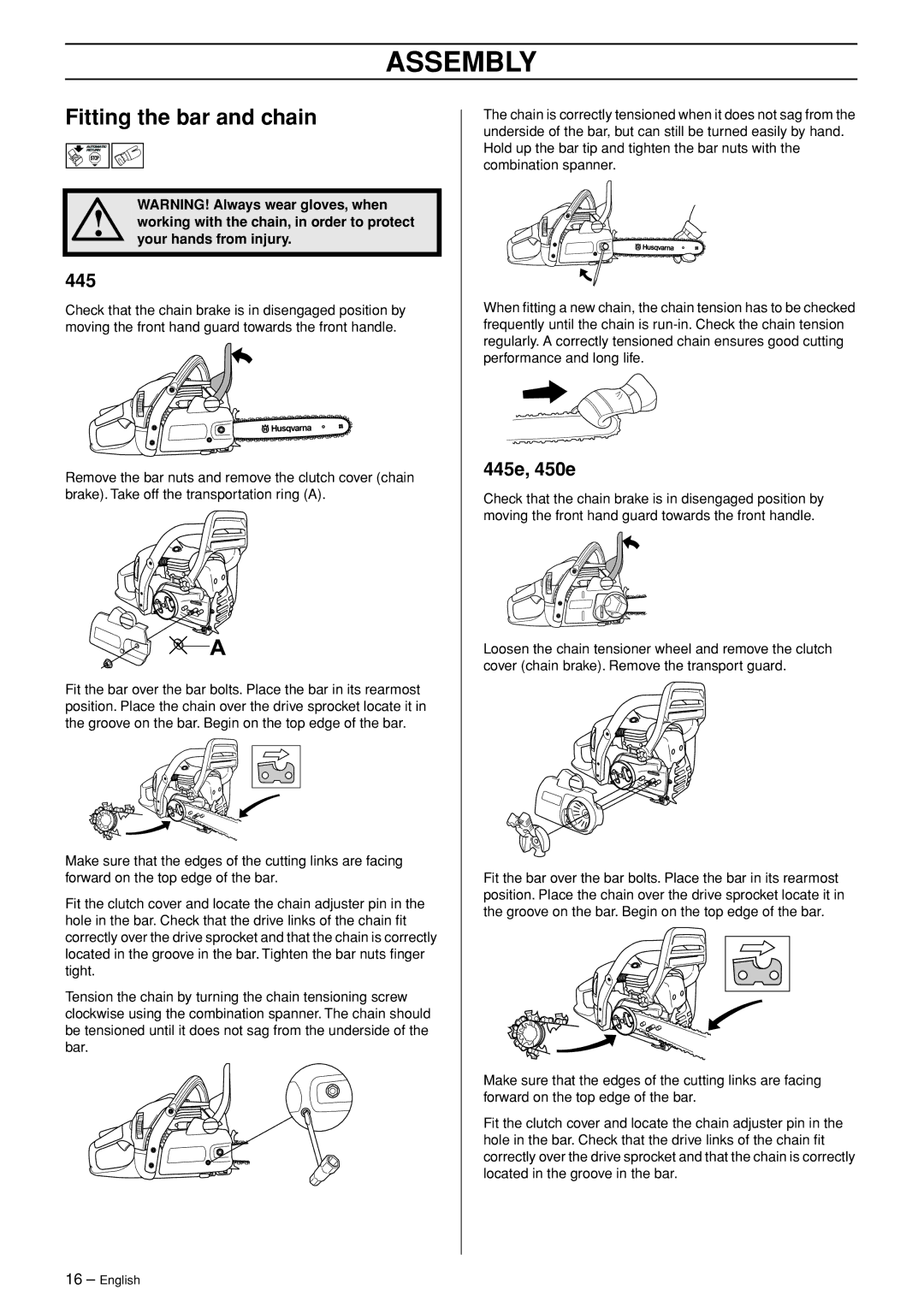 Husqvarna 445 EPA II, 445e EPA II, 450e EPA II manual Assembly, Fitting the bar and chain, 445e, 450e 