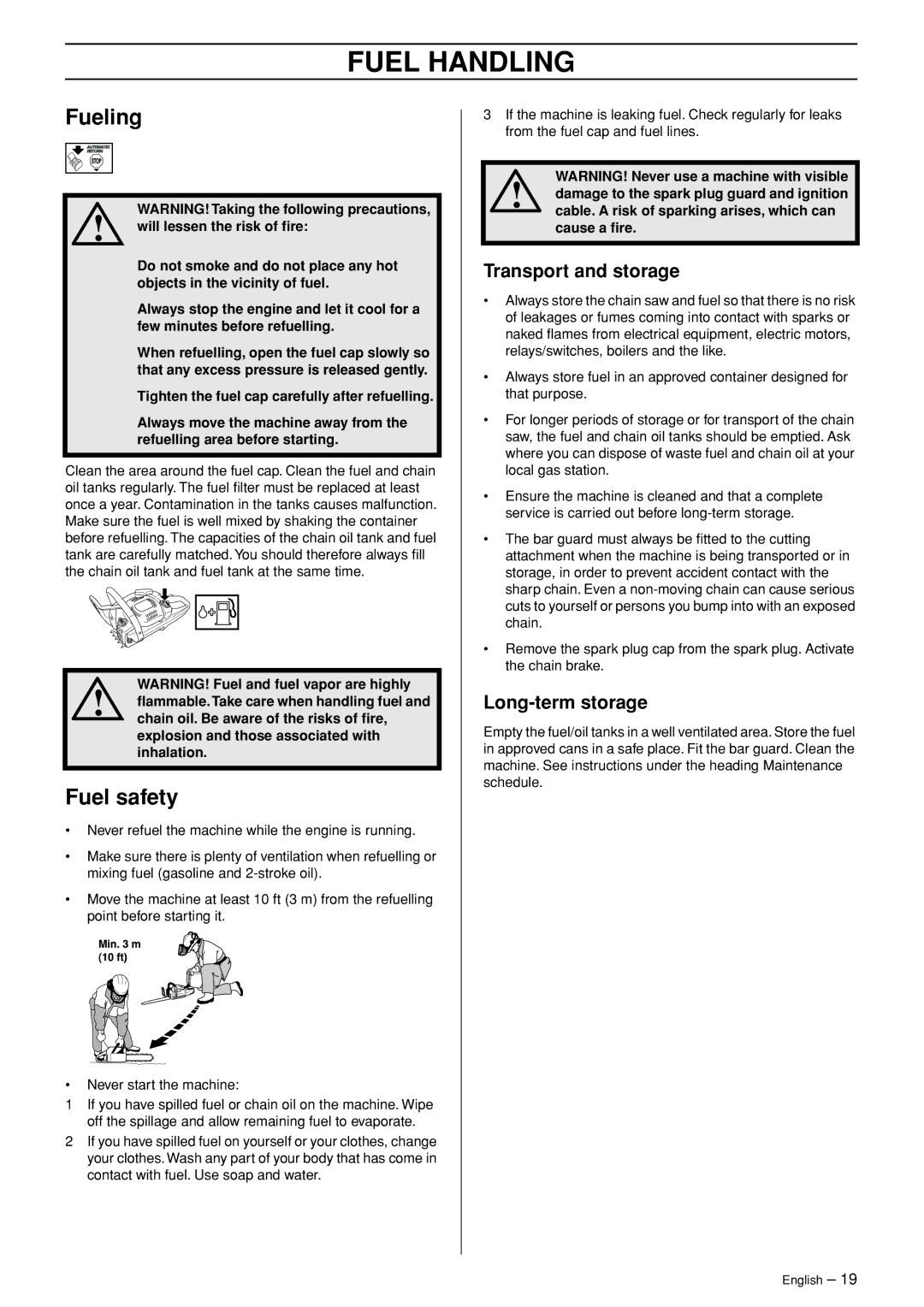 Husqvarna 445 EPA II, 445e EPA II, 450e EPA II manual Fueling, Fuel safety, Transport and storage, Long-term storage 
