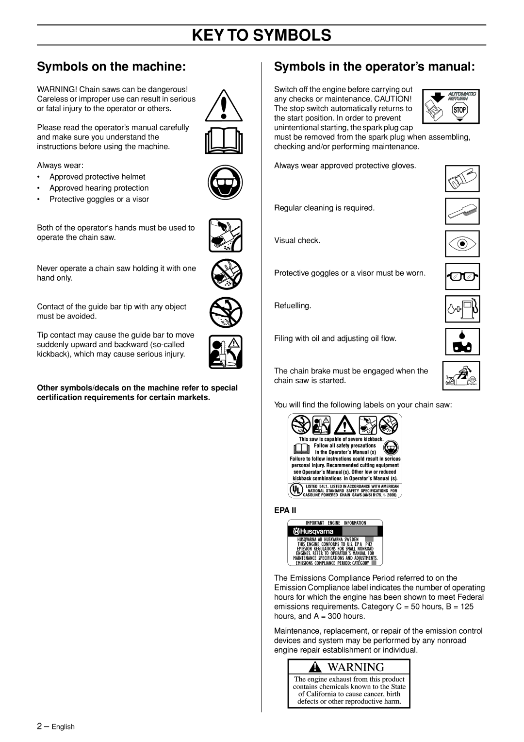 Husqvarna 445 EPA II, 445e EPA II, 450e EPA II KEY to Symbols, Symbols on the machine, Symbols in the operator’s manual 