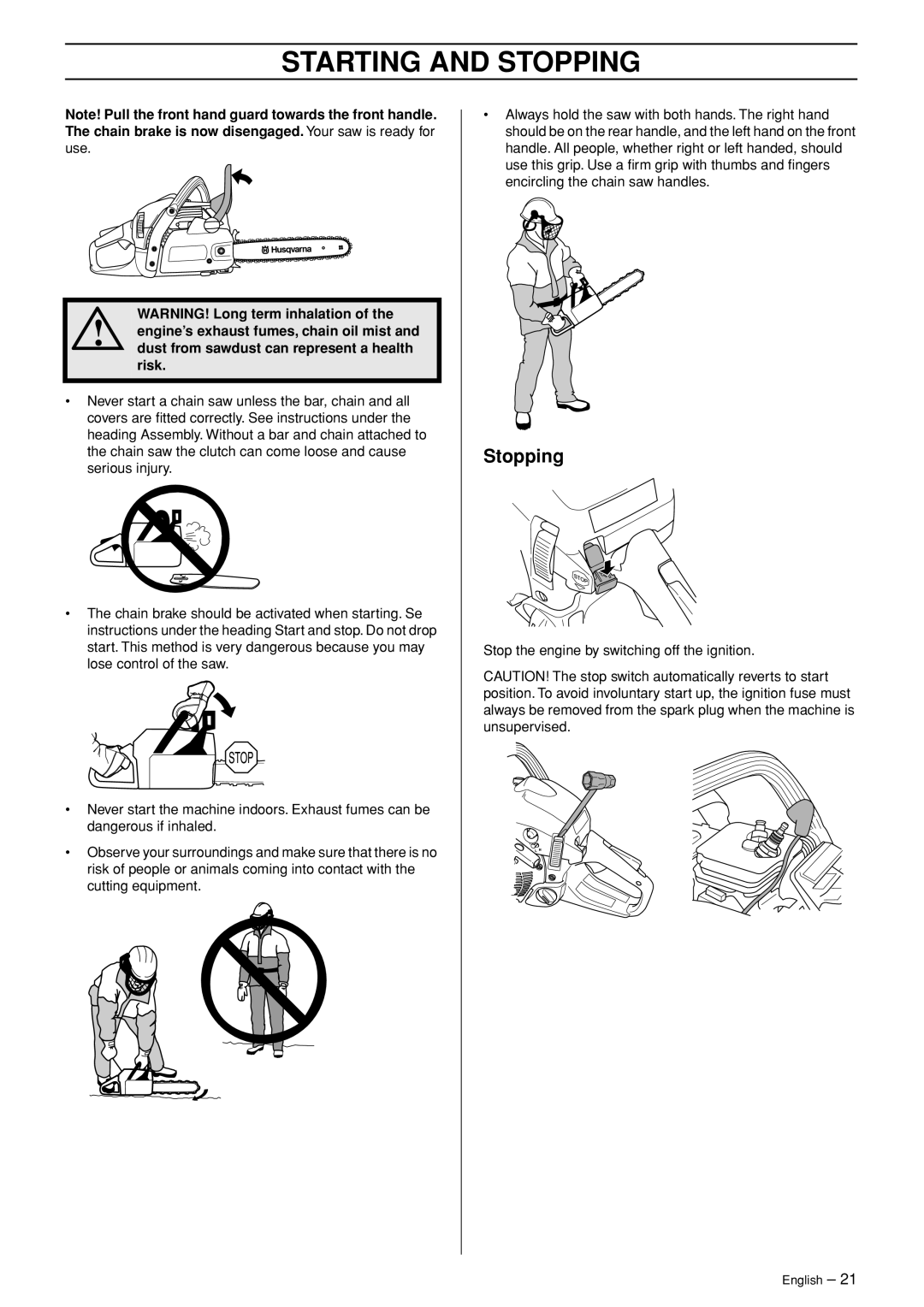 Husqvarna 445 EPA II, 445e EPA II, 450e EPA II manual Stopping 