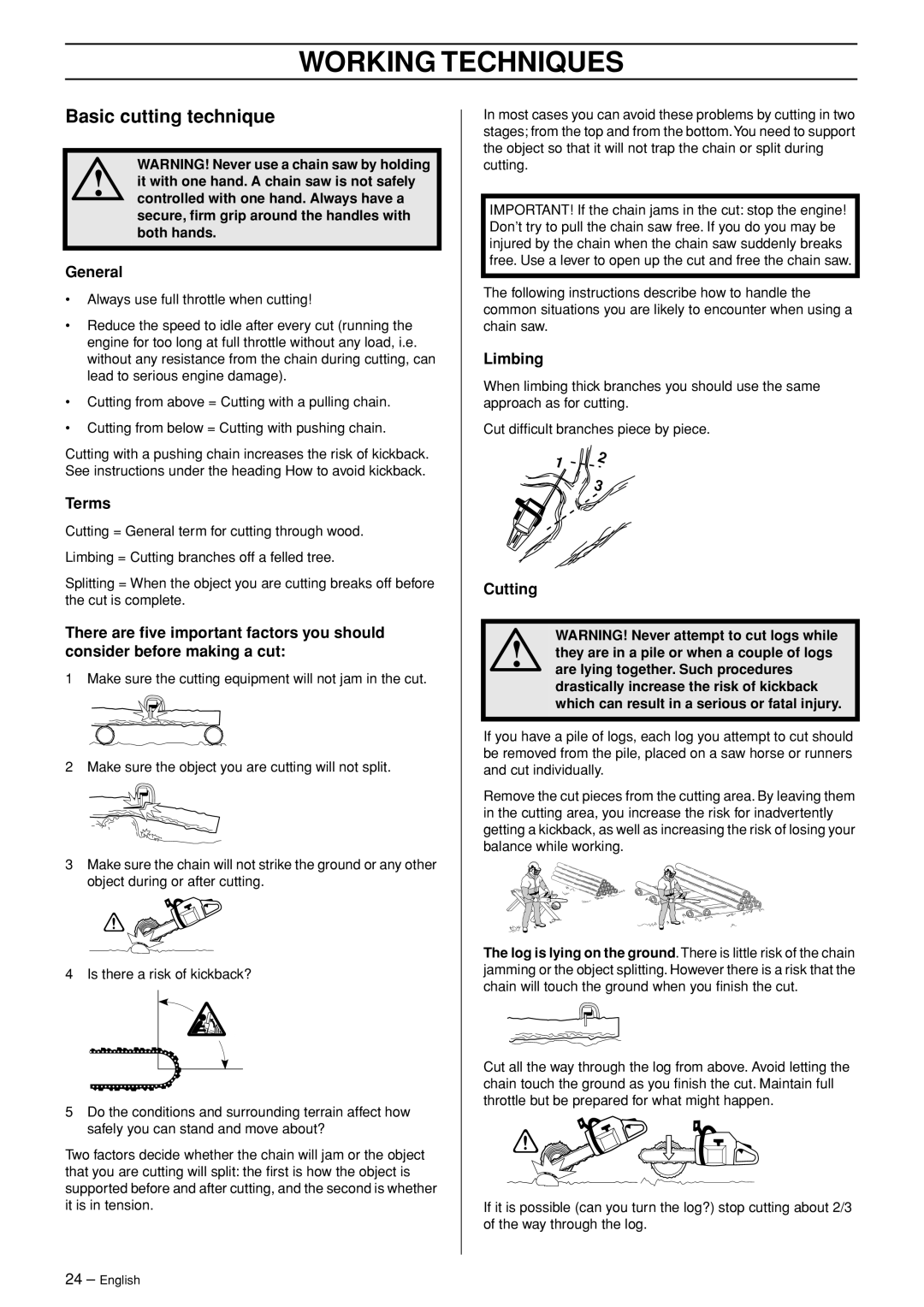 Husqvarna 445 EPA II, 445e EPA II, 450e EPA II manual Basic cutting technique, General, Terms, Limbing, Cutting 