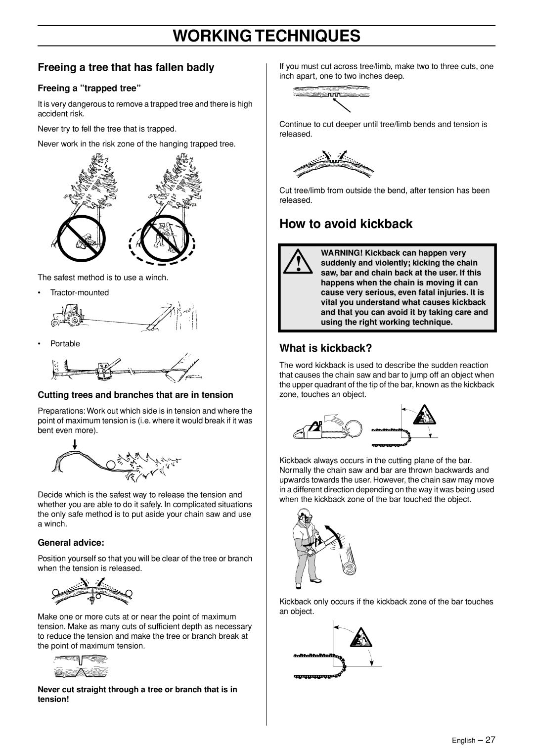 Husqvarna 445 EPA II, 445e EPA II, 450e EPA II manual How to avoid kickback, Freeing a tree that has fallen badly 