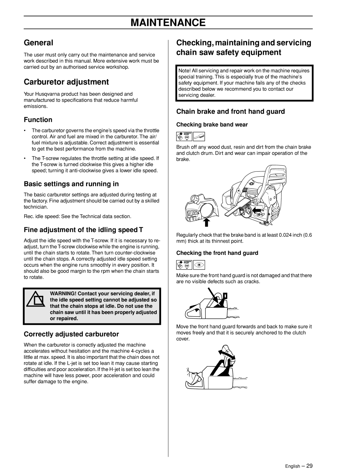 Husqvarna 445 EPA II, 445e EPA II, 450e EPA II manual Maintenance, General, Carburetor adjustment 