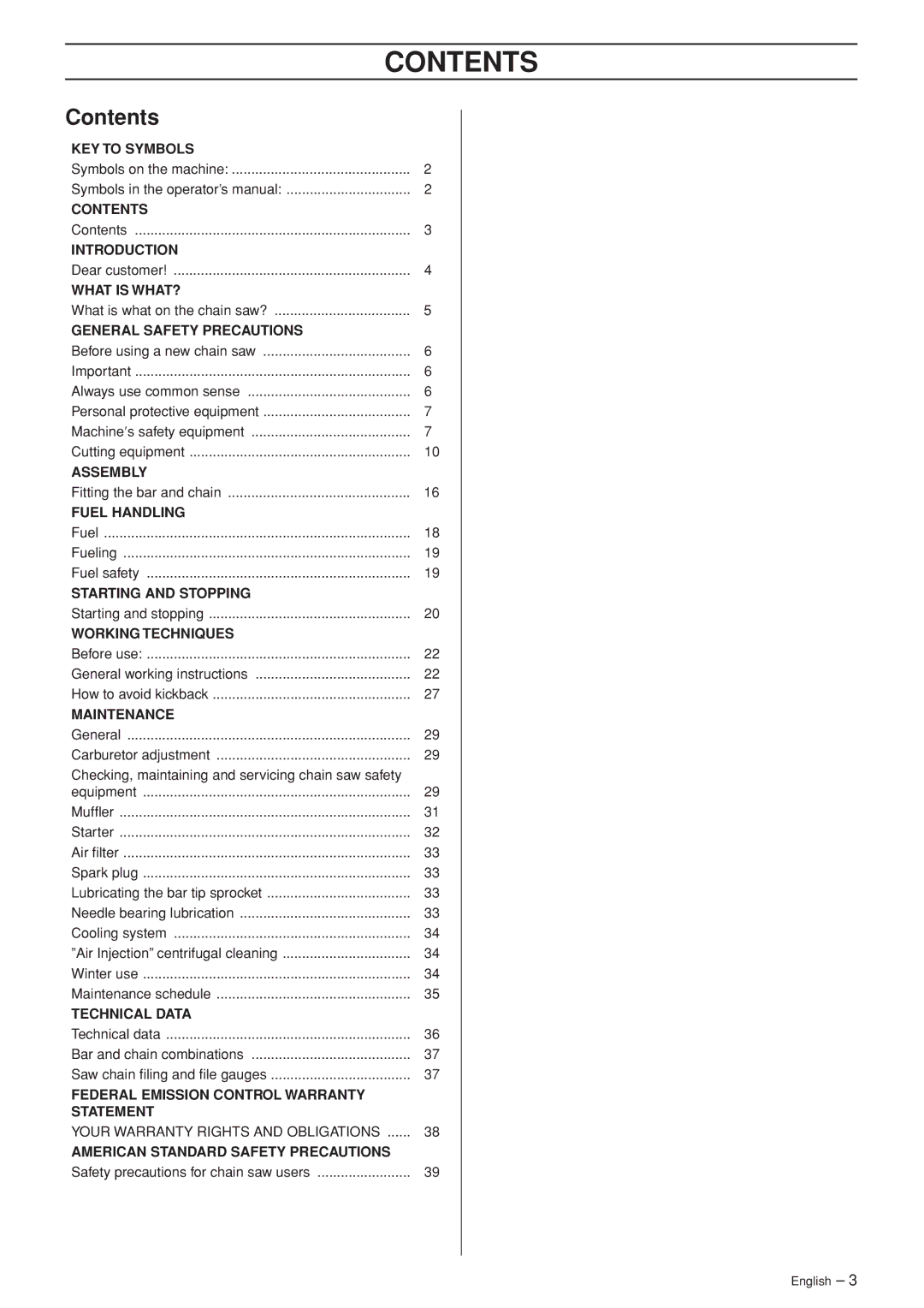 Husqvarna 445 EPA II, 445e EPA II, 450e EPA II manual Contents 