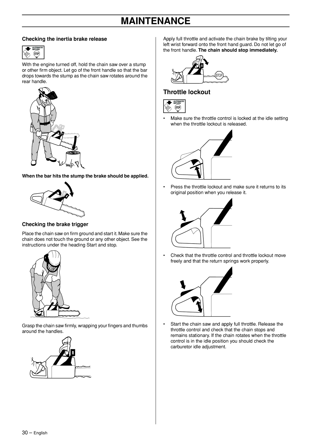 Husqvarna 445 EPA II, 445e EPA II, 450e EPA II manual Checking the inertia brake release, Checking the brake trigger 