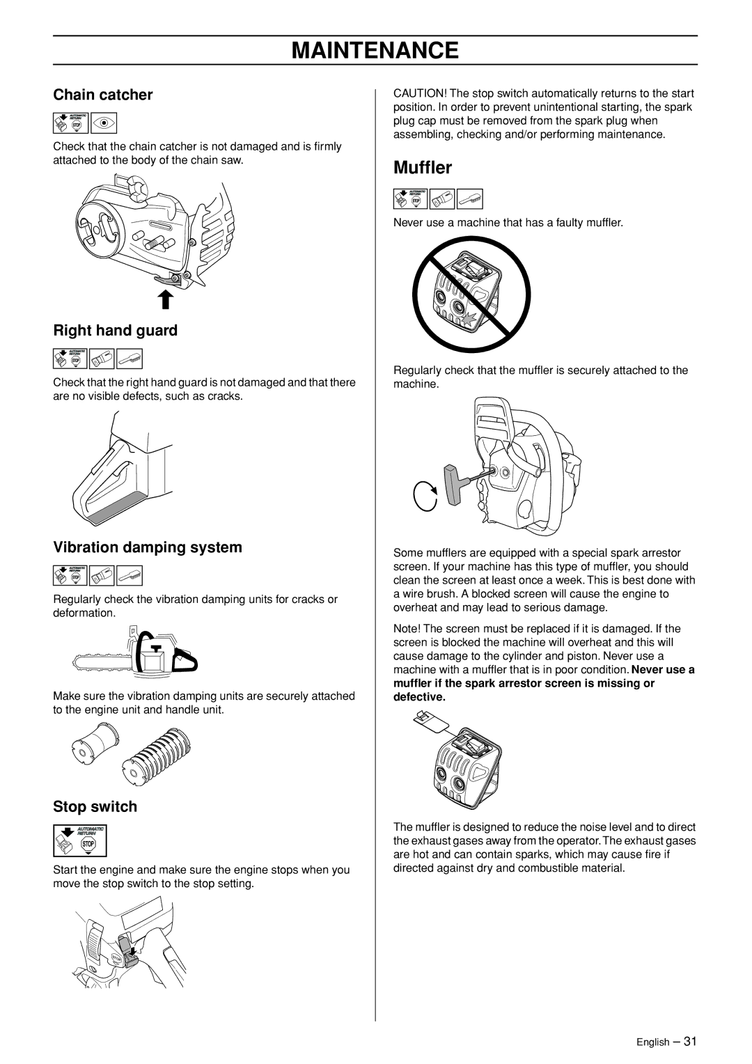 Husqvarna 445 EPA II, 445e EPA II, 450e EPA II manual Mufﬂer, Chain catcher 