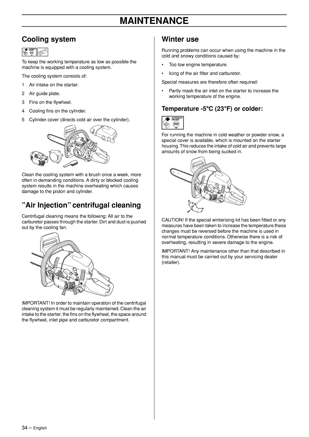 Husqvarna 445 EPA II, 445e EPA II, 450e EPA II manual Cooling system, Air Injection centrifugal cleaning, Winter use 