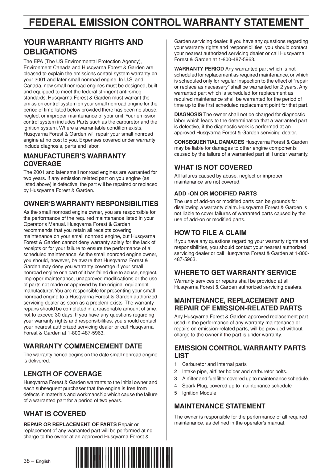 Husqvarna 445 EPA II, 445e EPA II, 450e EPA II manual Federal Emission Control Warranty Statement 