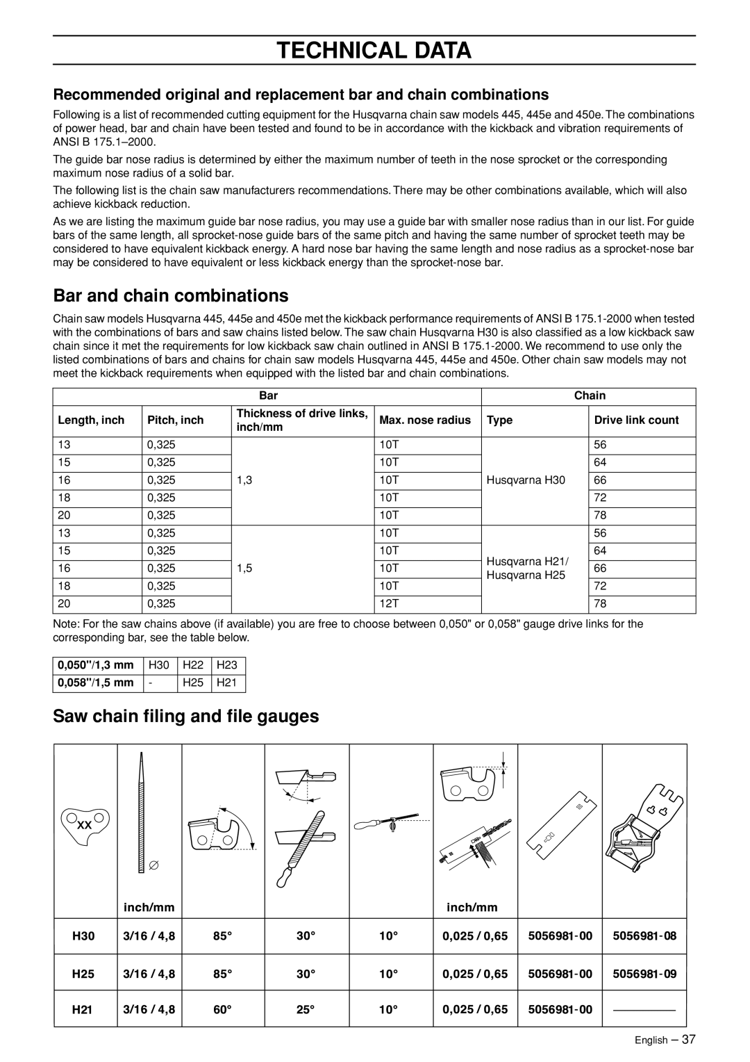 Husqvarna 445 EPA II, 445e EPA II, 450e EPA II Bar and chain combinations, Saw chain ﬁling and ﬁle gauges, Technical Data 