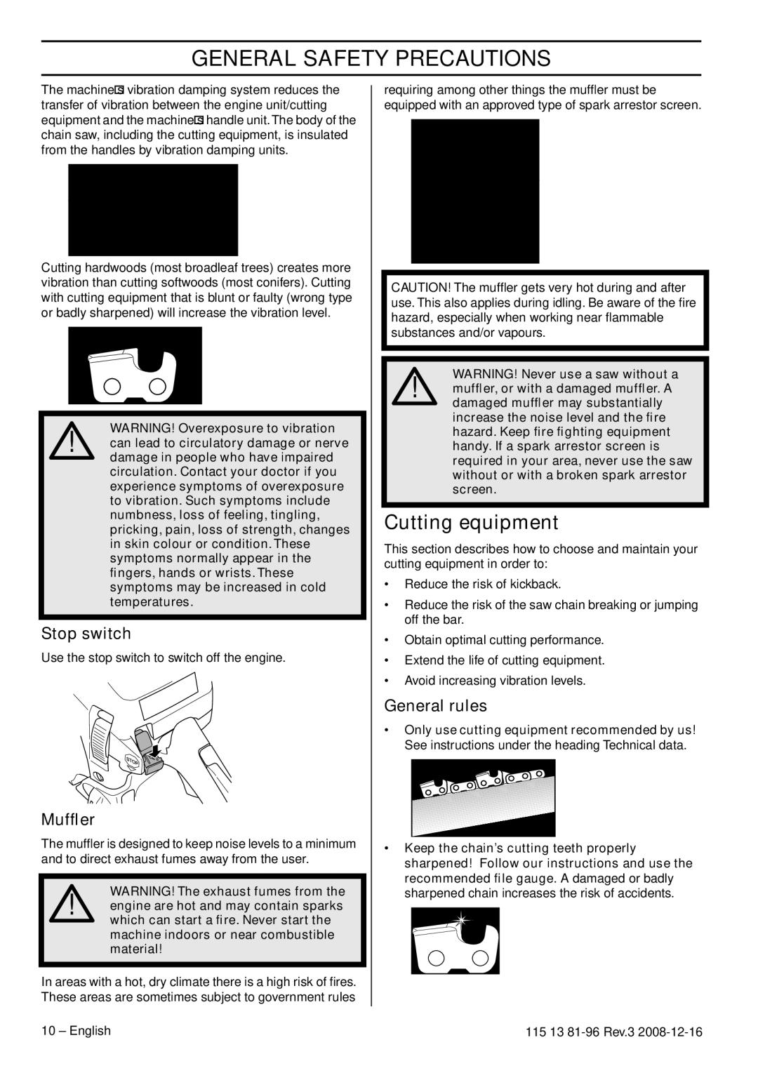 Husqvarna 450e EPA III, 445e EPA III, 445 EPA III, 115 13 81-96 manual Cutting equipment, Stop switch, Mufﬂer, General rules 