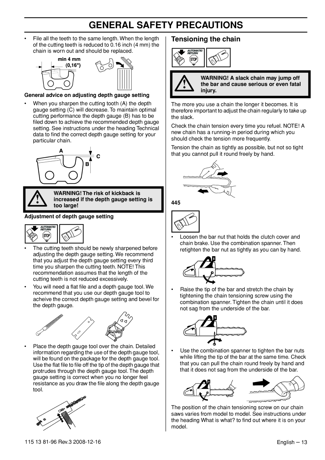 Husqvarna 445 EPA III, 445e EPA III, 450e EPA III, 115 13 81-96 manual Tensioning the chain 