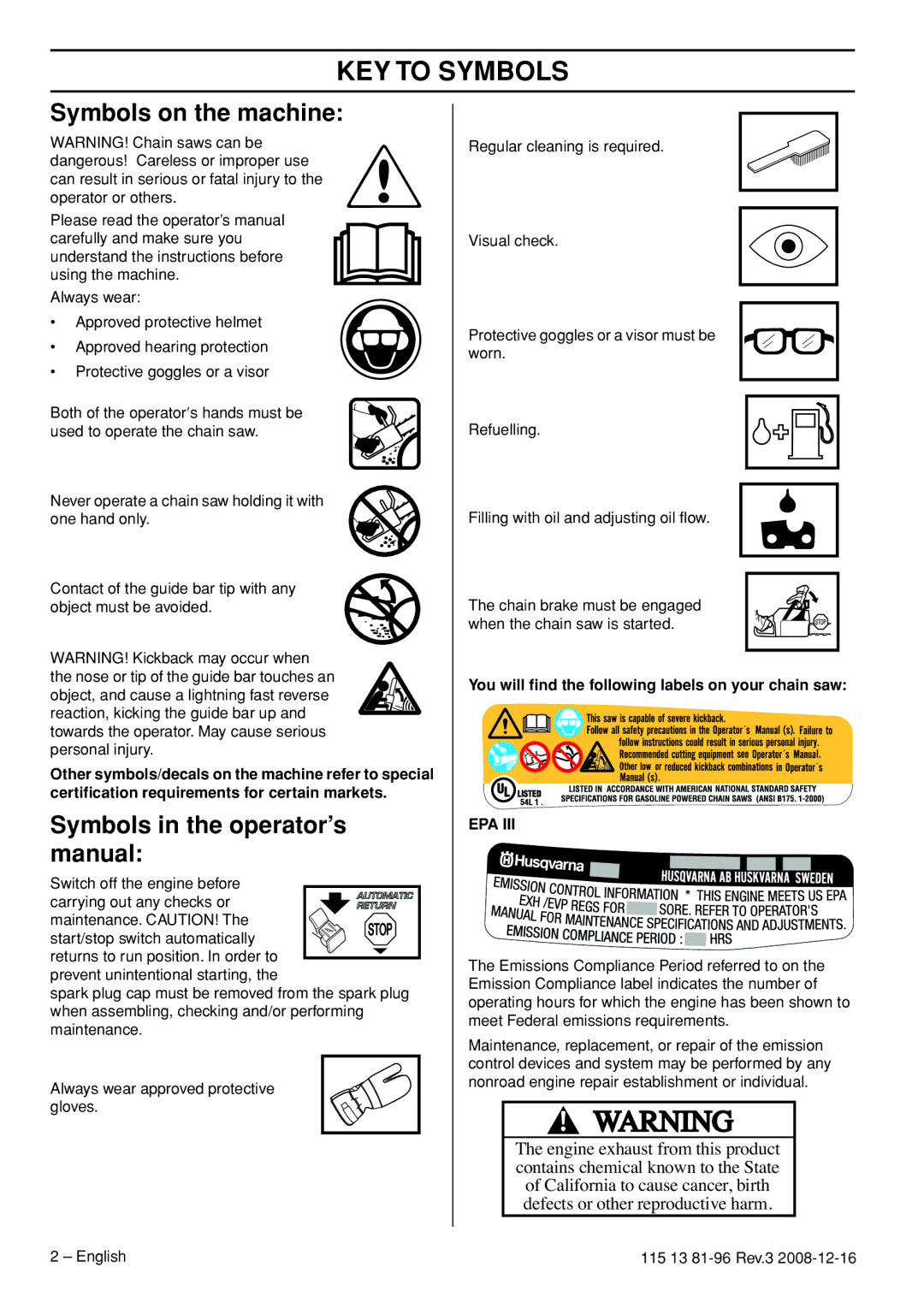 Husqvarna 450e EPA III, 445e EPA III, 445 EPA III KEY to Symbols, Symbols on the machine, Symbols in the operator’s manual 