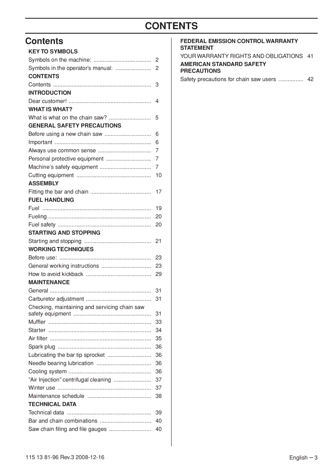 Husqvarna 115 13 81-96, 445e EPA III, 445 EPA III, 450e EPA III manual Contents 